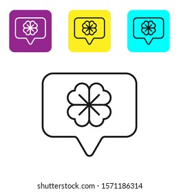 Black line Four leaf clover in speech bubble icon isolated on white background. Happy Saint Patrick day. Set icons colorful square buttons. Vector Illustration