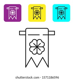 Black line Four leaf clover icon isolated on white background. Party pennant for birthday celebration, festival. Happy Saint Patrick day. Set icons colorful square buttons. Vector Illustration