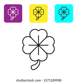Black line Four leaf clover icon isolated on white background. Happy Saint Patrick day. Set icons colorful square buttons. Vector Illustration