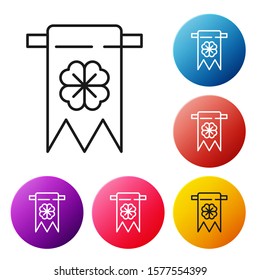 Black line Four leaf clover icon isolated on white background. Party pennant for birthday celebration, festival. Happy Saint Patrick day. Set icons colorful circle buttons. Vector Illustration