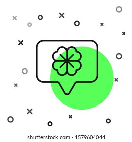 Black line Four leaf clover in speech bubble icon isolated on white background. Happy Saint Patrick day.  Vector Illustration
