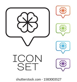 Black line Four leaf clover in speech bubble icon isolated on white background. Happy Saint Patrick day. Set icons colorful. Vector Illustration