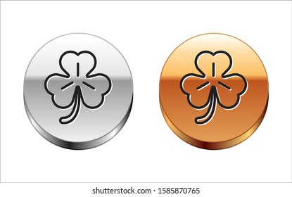 Black line Four leaf clover icon isolated on white background. Happy Saint Patrick day. Silver-gold circle button. Vector Illustration