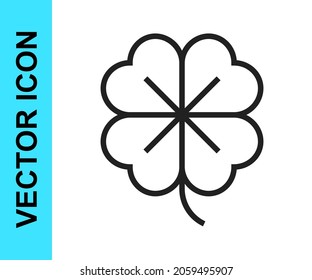 Black line Four leaf clover icon isolated on white background. Happy Saint Patrick day.  Vector