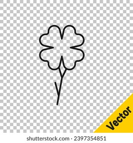 Black line Four leaf clover icon isolated on transparent background. Happy Saint Patrick day.  Vector