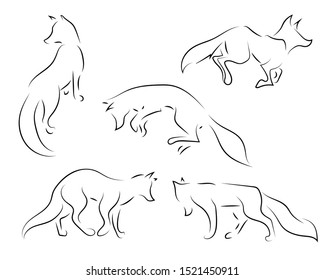 Black line foxes on white background. Hand drawing vector graphic.