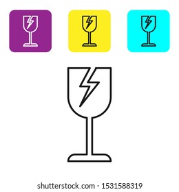 Black line Fragile broken glass symbol for delivery boxes icon isolated on white background. Set icons colorful square buttons. Vector Illustration