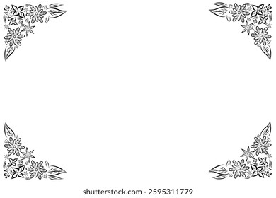 black line frame corner with floral pattern with leaves on white background