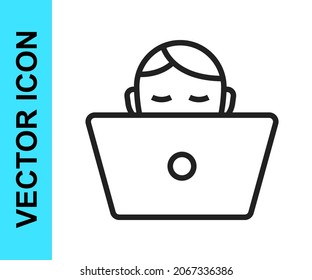 Black line Freelancer icon isolated on white background. Freelancer man working on laptop at his house. Online working, distant job concept.  Vector