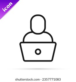 Black line Freelancer icon isolated on white background. Freelancer man working on laptop at his house. Online working, distant job concept.  Vector