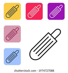 Black line French hot dog icon isolated on white background. Sausage icon. Fast food sign. Set icons in color square buttons. Vector Illustration