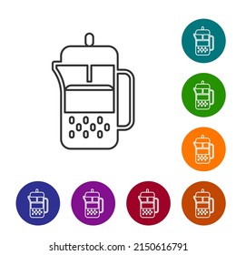 Black line French press icon isolated on white background. Set icons in color circle buttons. Vector