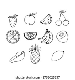 
Black line fruits. Orange, kiwi, cherry, banana, strawberry, pineapple