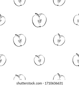 Black line fruits seamless with apple slice. Graphic vector sketch in hand drawn style. Fresh tropical background.