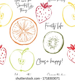 Black line fruits seamless pattern with motivational quotes. Graphic vector hand drawn background.
