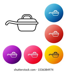 Black line Frying pan icon isolated on white background. Fry or roast food symbol. Set icons colorful circle buttons. Vector Illustration