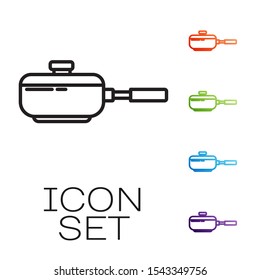 Black line Frying pan icon isolated on white background. Fry or roast food symbol. Set icons colorful. Vector Illustration