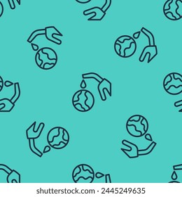 Black line Fuel nozzle pumping oil or petrol from planet Earth icon isolated seamless pattern on green background. Ecological concept.  Vector