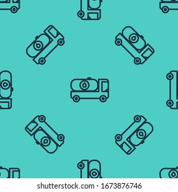 Black line Fuel tanker truck icon isolated seamless pattern on green background. Gasoline tanker.  Vector Illustration