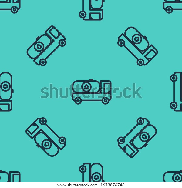 Black\
line Fuel tanker truck icon isolated seamless pattern on green\
background. Gasoline tanker.  Vector\
Illustration