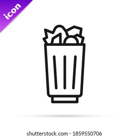 Black line Full trash can icon isolated on white background. Garbage bin sign. Recycle basket icon. Office trash icon.  Vector