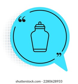 Black line Funeral urn icon isolated on white background. Cremation and burial containers, columbarium vases, jars and pots with ashes. Blue speech bubble symbol. Vector