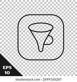 Línea negra embudo o icono del Filtrar aislado en fondo transparente.  Vector