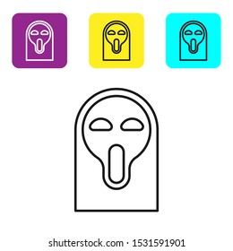 Black line Funny and scary ghost mask for Halloween icon isolated on white background. Happy Halloween party. Set icons colorful square buttons. Vector Illustration