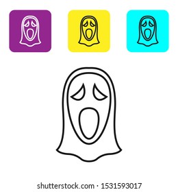 Black line Funny and scary ghost mask for Halloween icon isolated on white background. Happy Halloween party. Set icons colorful square buttons. Vector Illustration