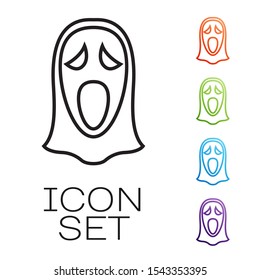 Black line Funny and scary ghost mask for Halloween icon isolated on white background. Happy Halloween party. Set icons colorful. Vector Illustration