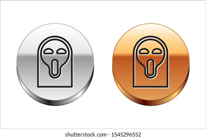 Black line Funny and scary ghost mask for Halloween icon isolated on white background. Happy Halloween party. Silver-gold circle button. Vector Illustration