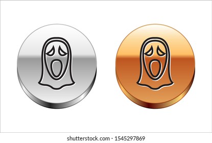 Black line Funny and scary ghost mask for Halloween icon isolated on white background. Happy Halloween party. Silver-gold circle button. Vector Illustration