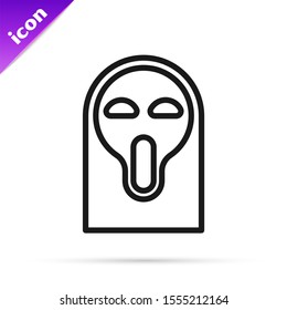 Black line Funny and scary ghost mask for Halloween icon isolated on white background. Happy Halloween party.  Vector Illustration