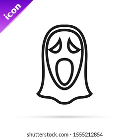 Black line Funny and scary ghost mask for Halloween icon isolated on white background. Happy Halloween party.  Vector Illustration