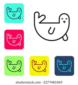 Black line Fur seal animal icon isolated on white background. Set icons in color square buttons. Vector