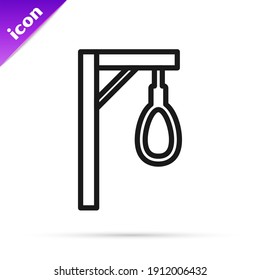 Black line Gallows rope loop hanging icon isolated on white background. Rope tied into noose. Suicide, hanging or lynching.  Vector