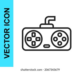 Black line Game controller or joystick for game console icon isolated on white background.  Vector