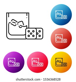 Black line Game dice and glass of whiskey with ice cubes icon isolated on white background. Casino gambling. Set icons colorful circle buttons. Vector Illustration