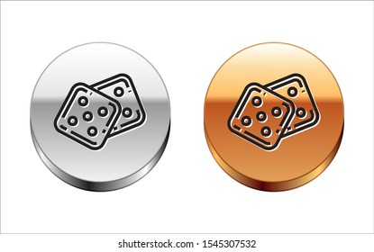 Black line Game dice icon isolated on white background. Casino gambling. Silver-gold circle button. Vector Illustration