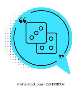 Black line Game dice icon isolated on white background. Casino gambling. Blue speech bubble symbol. Vector