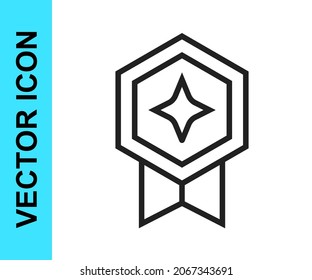 Black line Game rating with medal icon isolated on white background. Level results for game.  Vector