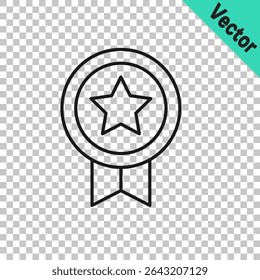 Black line Game rating with medal icon isolated on transparent background. Level results for game.  Vector