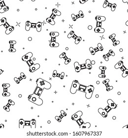 Black line Gamepad icon isolated seamless pattern on white background. Game controller.  Vector Illustration