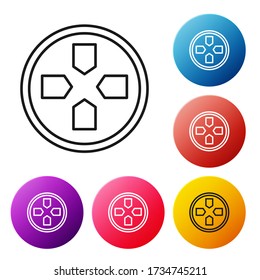 Black line Gamepad icon isolated on white background. Game controller. Set icons colorful circle buttons. Vector Illustration
