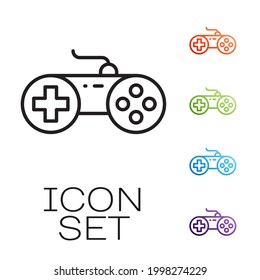 Black line Gamepad icon isolated on white background. Game controller. Set icons colorful. Vector