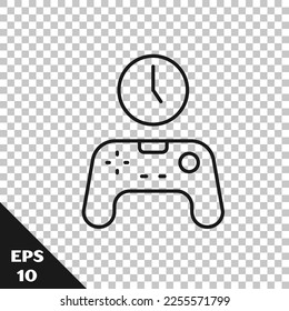 Gamepad de línea negra del icono de tiempo aislado en fondo transparente. Es hora de jugar. Controlador de juego.  Vector