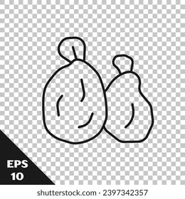Icono de la bolsa de basura de la línea negra aislado en fondo transparente.  Vector