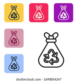 Schwarze Garbage-Tasche mit Recycling-Symbol einzeln auf weißem Hintergrund. Müll kann Symbol werden. Korbzeichen wiederverwenden. Die Symbole werden in den Tasten für das Farbquadrat eingestellt. Vektorillustration-Illustration