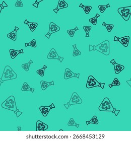Línea negra Bolsa de basura con icono de símbolo de reciclaje aislado sin patrón sobre fondo verde. Icono de la papelera. Muestra de la cesta de reciclaje.  Vector