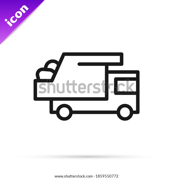 Black line Garbage truck icon isolated on white\
background.  Vector